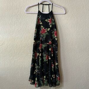 Black Tropical Print Halter Strapy Back Dress